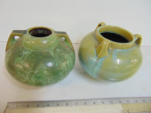 Two Fulper art pottery bowls, in green, one glazed with: Two Fulper art pottery bowls, in green, one glazed with 3 handles, one matte with partial glaze with 2 handles, both in good condition.
