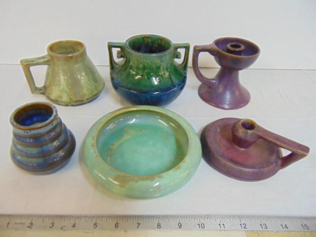 Fulper art pottery lot, includes double handles bowl,: Fulper art pottery lot, includes double handles bowl, low bowl in green, two candle holders in purple with handle, small blue vase & wide base mug with handle.