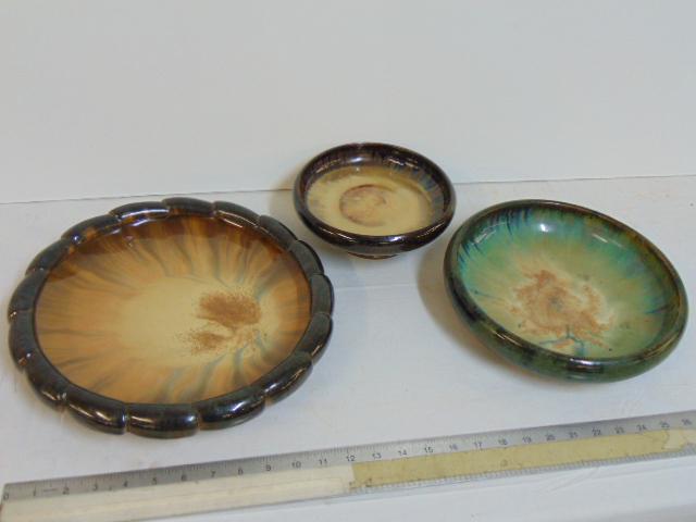 3 Fulper art pottery bowls, large glazed beige bowl: 3 Fulper art pottery bowls, large glazed beige bowl with scalloped edge, 13" in diameter, brown & beige footed bowl, 8" & green & blue bowl 10.75"