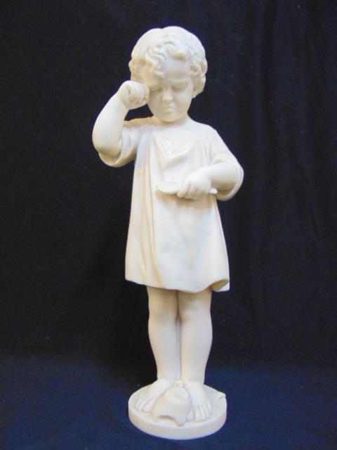 Marble statue, crying boy with spoon, broken cup,: Marble statue, crying boy with spoon, broken cup, unsigned, height is 21"