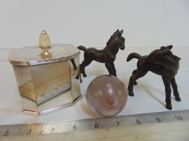 Tea Caddy, pair bronze horses & sulphide marble with: Tea Caddy, pair bronze horses & sulphide marble with squirrel, silver plated English tea caddy with pineapple knob, pair small bronze ponys, horses & marble with squirrel figure in center