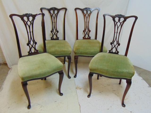 Set 4 mahogany Chippendale style chairs, 4 side chairs,: Set 4 mahogany Chippendale style chairs, 4 side chairs, small sized, with green upholstered seats.