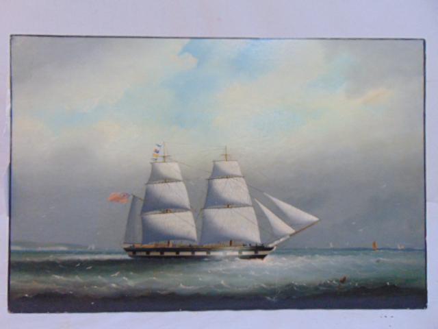 Painting, sail ship, unsigned, oil on canvas, laid down: Painting, sail ship, unsigned, oil on canvas, laid down on board or panel, ship flies British flag, Dover (?) in distance, 14.5" by 22"