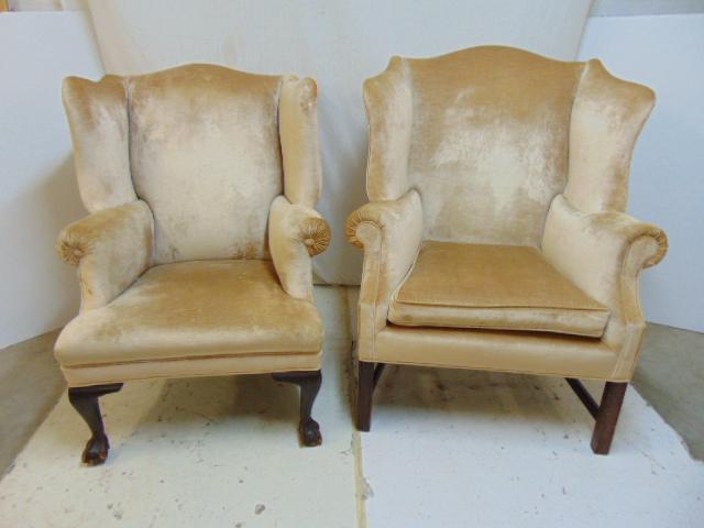 2 wingchairs, cream colored upholstery, one with claw: 2 wingchairs, cream colored upholstery, one with claw feet, other with straight Chippendale style legs.Claw feet chair is 30" wide, 25" deep, 40" tall, seat height is 17".Straight Chippendale leg chai