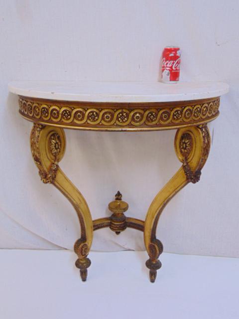 Gilt carved wood console with marble top, demi lune: Gilt carved wood console with marble top, demi lune table with white marble top, table is 16.5" by 31.5", height is 32.5"