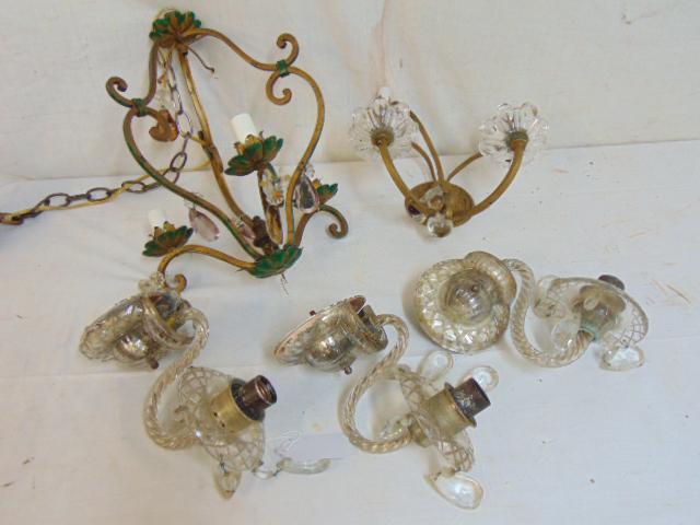 Lighting lot, 3 mirrored glass wall sconces, brass hall: Lighting lot, 3 mirrored glass wall sconces, brass hall fixture & brass sconce, 3 sconces have single spiral arms, with hanging crystals, some crystals missing.