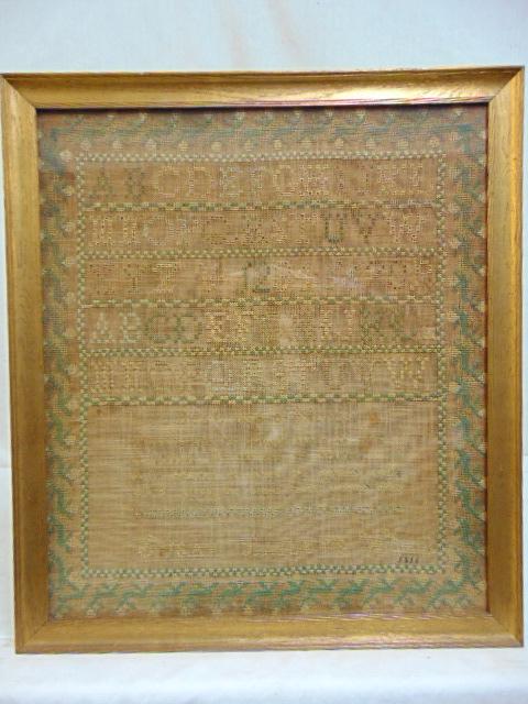 Needlepoint sampler, Susan Baileys work, 1816,: Needlepoint sampler, Susan Baileys work, 1816, alphabet, "Best use of riches", faded, comes with old transcript, 16.5" by 14.25".