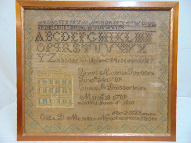 Needlepoint sampler, James Mclellan 1823, various dates: Needlepoint sampler, James Mclellan 1823, various dates regarding Mclellan family members, alphabet, house, 17" by 19.5"