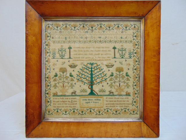 Needlepoint sampler, Emily Mary Wilkins, age 9 years,: Needlepoint sampler, Emily Mary Wilkins, age 9 years, fine quality sampler with alphabet, various religious verses, decorated with tree, snake, 12.5" by 12.25"