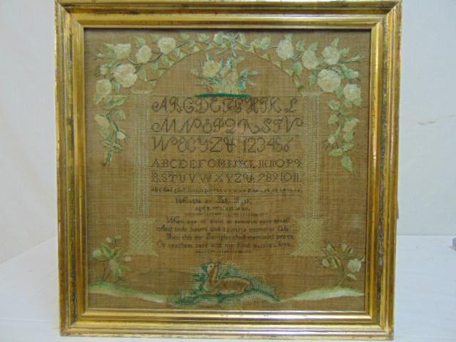 Needlepoint sampler, wrought by Sally Grask, 1820,: Needlepoint sampler, wrought by Sally Grask, 1820, "When age of pain or Anxious care assail..", with alphabet, deer, flowers, columns, 16.25" by 16.25"