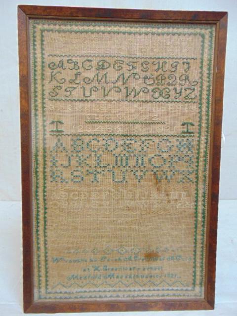 Needlepoint sampler, Medford Mass. 1821, "Wrought by: Needlepoint sampler, Medford Mass. 1821, "Wrought by Sarah A. Greenleaf age 13 at H. Greenleaf School, Medford Massachusetts 1821, 15.75" by 10.25"