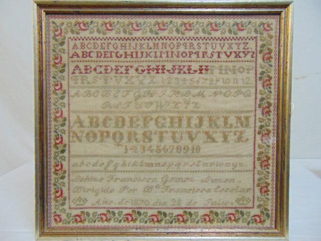 Needlepoint sampler, "Bakiza Francisco Gomez Luxon",: Needlepoint sampler, "Bakiza Francisco Gomez Luxon", alphabet, numbers, floral border, 1870, in Spanish, 15.75" by 16 7/8", bought in Madrid Spain, 1954