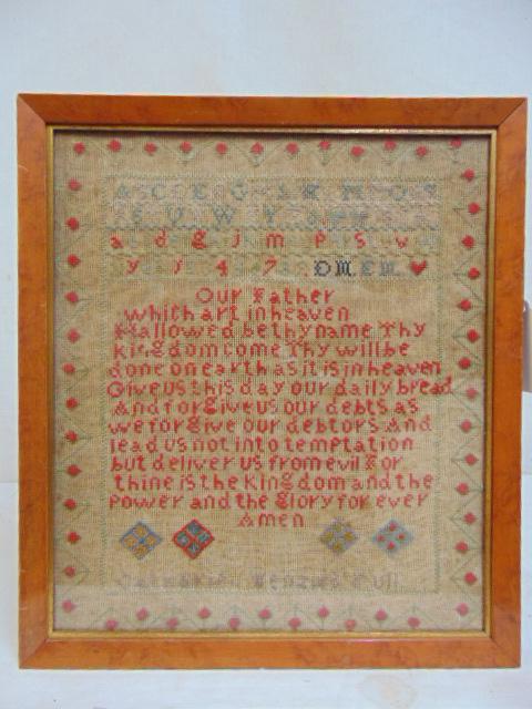 Needlepoint sampler, "Our Father", alphabet, prayer,: Needlepoint sampler, "Our Father", alphabet, prayer, Catharin Wenzies (?)15.25" by 13.25"