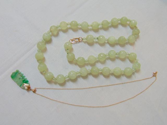 Jewelry. (2) Chinese Jade 14k necklace14k & Jade bead: Jewelry. (2) Chinese Jade 14k necklace14k & Jade bead necklace; 14k carved jade pendent w/ 3 small pearls & 14k chain 9 1/2" total length, & beaded jade necklace 24" total length
