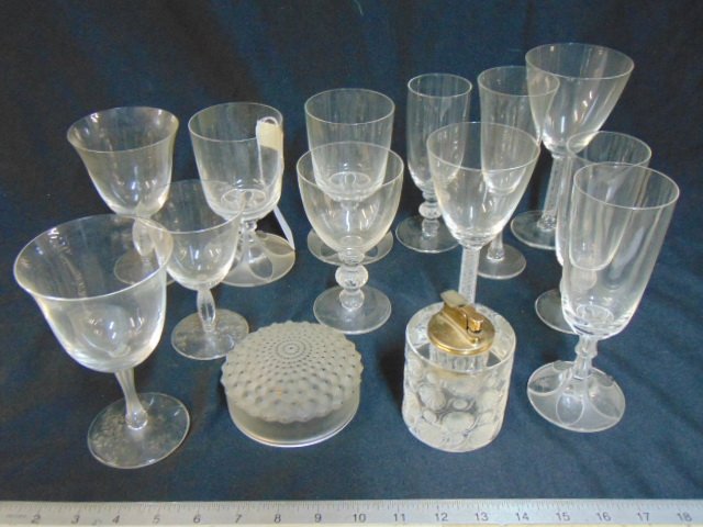 Lalique art glass lot, 14 pieces, 12 stems, lighter: Lalique art glass lot, 14 pieces, 12 stems, including one pair, lighter & lid to box.
