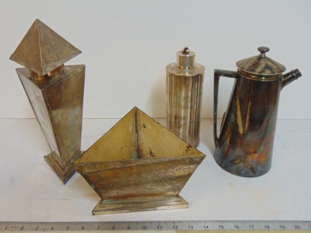 3 silver plated cocktail shakers, ice bucket: 3silver plated cocktail shakers, triangular design ice bucket & cocktail shaker, round shaker & pitcher with lid by Apollo, Bernard Rice Sons. Elsa Tennhardt Triangular shaker 12" and marked 9164 E&JB