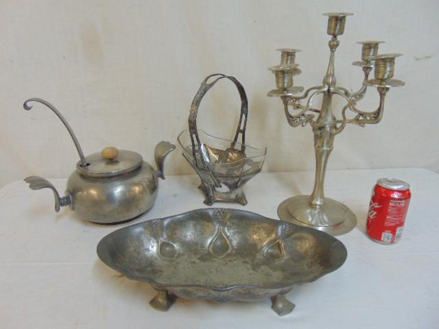 4 piece Pewter lot, art nouveau candelabra, basket bowl: 4 piece Pewter lot, art nouveau candelabra, basket bowl with glass insert, double handles bowl with ladle & lid plus oval serving bowl, Kayserzinn