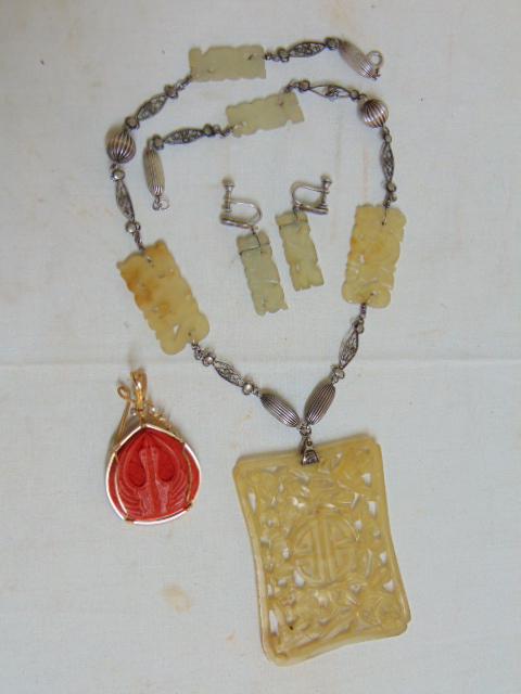 Chinese jewelry, Jade & silver necklace, pair Jade: Chinese jewelry, Jade & silver necklace, pair Jade earrings & carved cinnabar pendant.