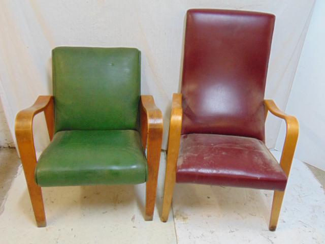 2 Mid Century armchairs, maple frames, in green & red: 2 Mid Century armchairs, maple frames, in green & red vinyl, Thonet style.