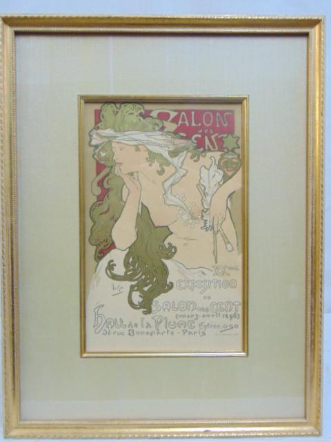 Alphonse Mucha, Salon des Cent 20th Exhibition,: Alphonse Mucha, Salon des Cent 20th Exhibition, original lithograph, imp. Champenois Paris, XX, 12" by 7 5/8" visible art, good condition, note, original, not reprint, from the Les MaÃ®tres de l'Aff