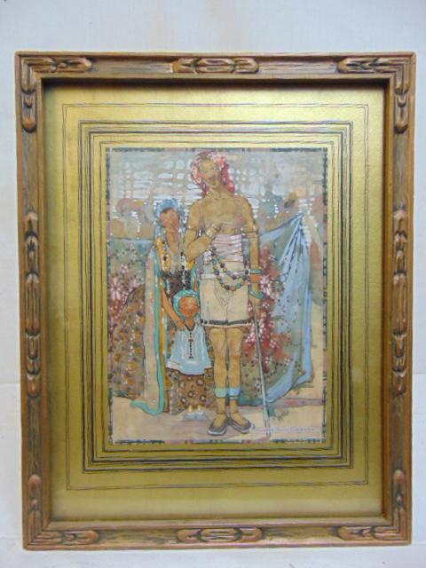 Painting, Mildred Bailey Carpenter, 3 Indo-Asian: Painting, Mildred Bailey Carpenter, 3 Indo-Asian figures, deco style, watercolor, 11.5" by 8.5"