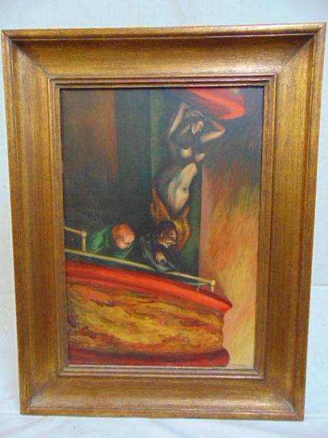 Painting, "Burlesque", Mervin Jules, oil on panel,: Painting, "Burlesque", Mervin Jules, oil on panel, signed "Jules", two figures on theater balcony, panel is 16.75" by 12"