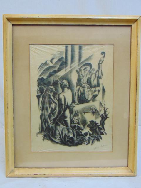 Julian Wehr drawing, illustration, figures in front of: Julian Wehr drawing, illustration, figures in front of Goblin like figure, on thin (rice ?) paper, signed in pencil, 12.5" by 9.5"some small holes top margin.