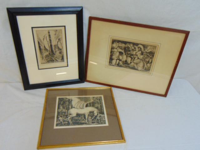 Art Deco etching Rockefeller Center by E. Hansen,: Art lot, Art Deco, etching Rockefeller Center by E. Hansen, 8.25" by 5.75"; etching, winged Horse, by Robert Lawson 7.5" by 9.25" & Mexican Musicians, by Irwin Hoffman, 6.25" by 9.25"