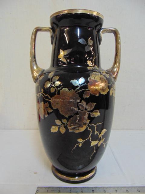 Czech glass vase with silver overlay, floral decorated: Czech glass vase with silver overlay, floral decorated double handled vase in black, height is 15.25"