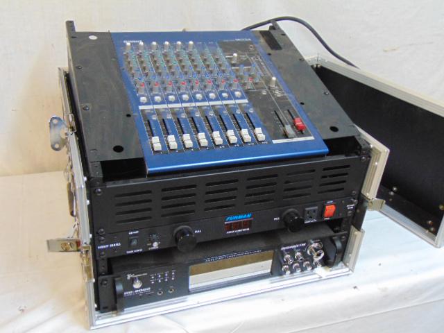 Amp & mixing panel, Technical Pro HB-2000 Digital: Amp & mixing panel, Technical Pro HB-2000 Digital Hybrid Amp; Yamaha mixing console MG12/4 & Furman Power Conditioner, Merit Series, all three mounted on rack in heavy duty Road Runner Case.