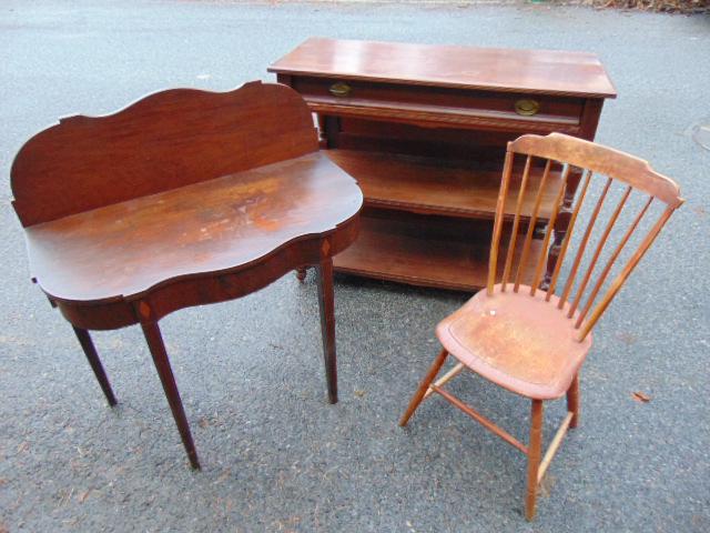 Console table, server & side chair, inlaid console: Console table, server & side chair, inlaid console table with backsplash, Windsor chair & Victorian style open front server.