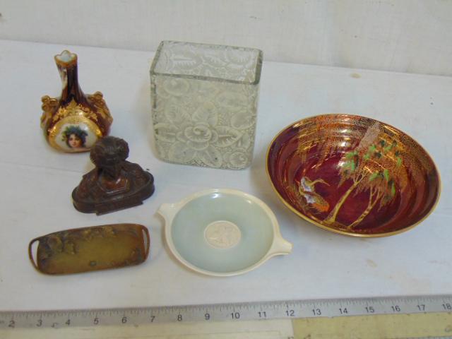 Bronze, ceramic & art glass lot, Portieux Vallerysthal: Bronze, ceramic & art glass lot, Portieux Vallerysthal vase in clear glass with painted decoration, Carlton Ware "Rouge Royale" bowl, small bronze bust "Theodora", small bronze tray signed Royer, KPM