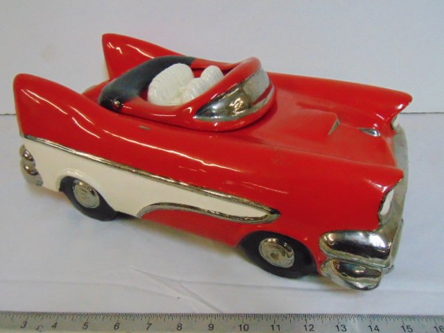 Classic car cookie jar, "Appleman 19881, red & white: Classic car cookie jar, "Appleman 1981, red & white car, 1950's style, 15.5" long, 9" wide, has very small chip at headlight (see images)