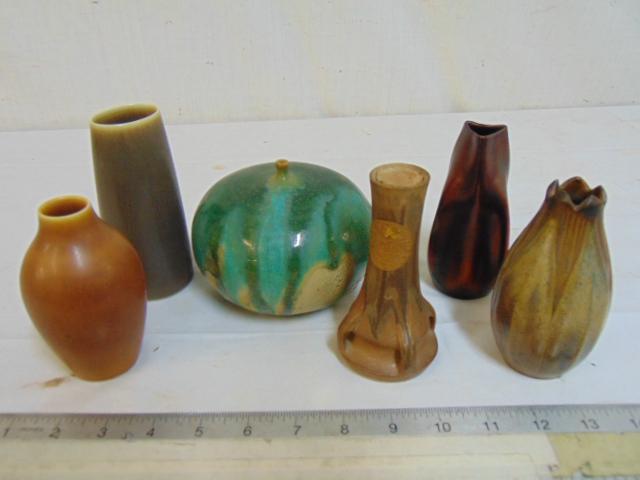 6 art pottery vases, Danish design & others, includes 2: 6 art pottery vases, Danish design & others, includes 2 vases by Palshug (4 1/8" & 5") , art pottery (artglass ?) vase, unsigned 4 5/8", green ball shaped vase with small neck, early "Eau de Cologne"