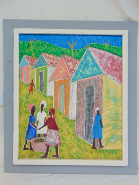 Painting, Haitian, Jose Hilome, figures by small: Painting, Haitian, Jose Hilome, figures by small cabins, oil on masonite, 24" by 20"
