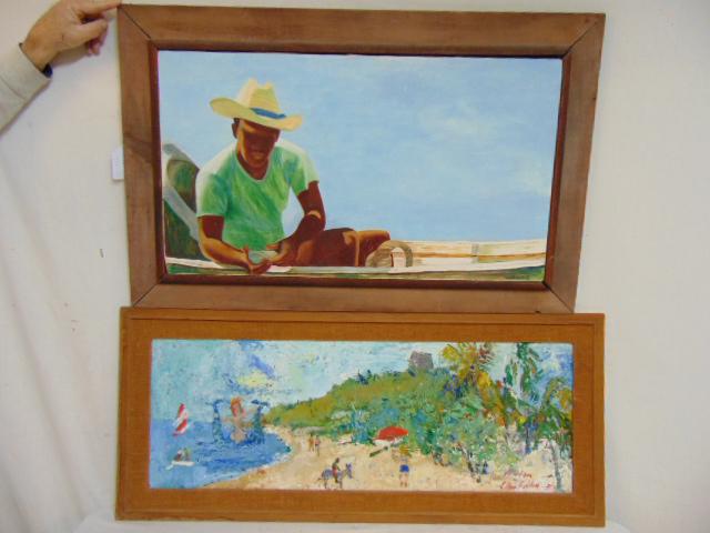 2 paintings, beach scene, figure in boat, oil on: 2 paintings, beach scene, figure in boat, oil on masonite, beach scene with large mermaid figure in surf, "For Elliot from Ellen Seldem" (?), 13.75" by 37.75" & oil on canvas, figure in boat with clam