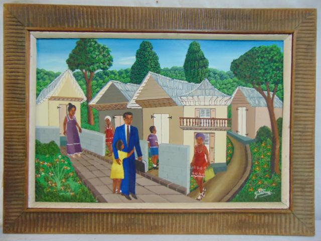 Haitian painting, G. Etienne, well dressed figures by: Haitian painting, G. Etienne, well dressed figures by small cabins, oil on masonite, 16" by 24"