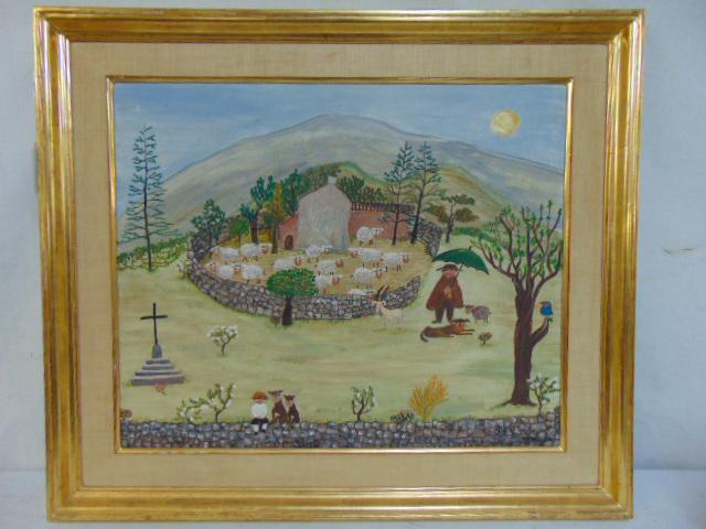 Folk art painting, Tusnelda, "Some Sheep", East Europea: Painting, folk art scene , appears East European (Polish?), Tusnelda, "Some Sheep", figure with umbrella by sheep enclosure, signed, painted on masonite, with gallery label on reverse, Cober Gallery I