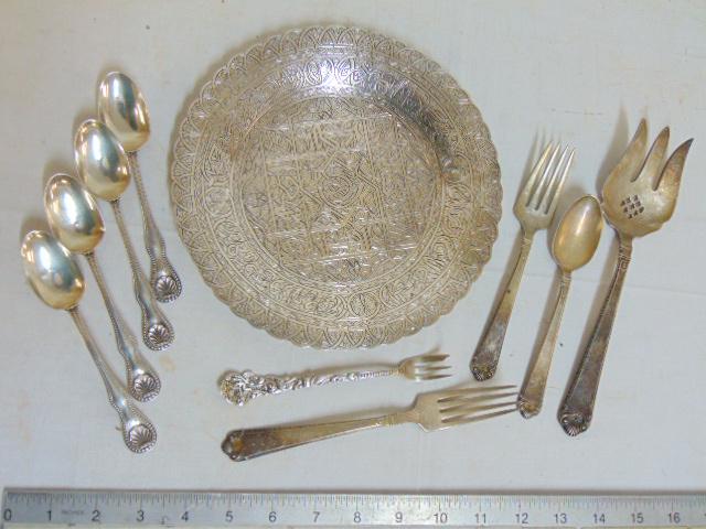 Sterling flatware & Persian silver plate, misc.: Sterling flatware & Persian silver plate, misc. sterling flatware, 9 pieces, forks, spoons & Persian decorated silver plate, "Islamic National Bank, for Investment & Development, I.B.I.D., plate is 8.