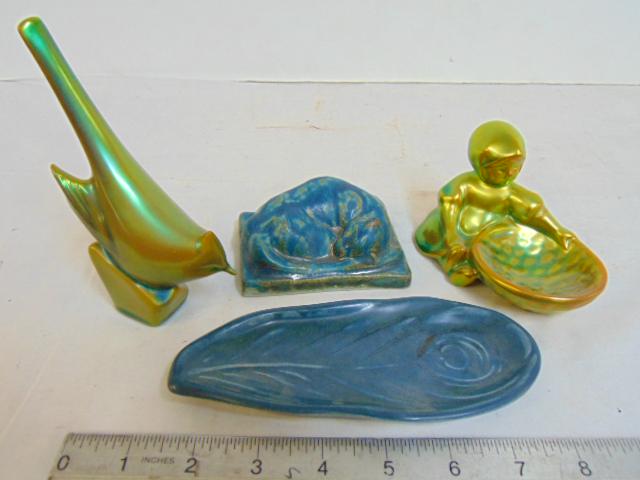 Pottery lot, Zsolnay, Pewabic & Rookwood, includes two: Pottery lot, Zsolnay, Pewabic & Rookwood, includes two Hungarian Zsolnay figures, boy with basket & bird, Rookwood art pottery leaf dish & figure of cat by Pewabic.