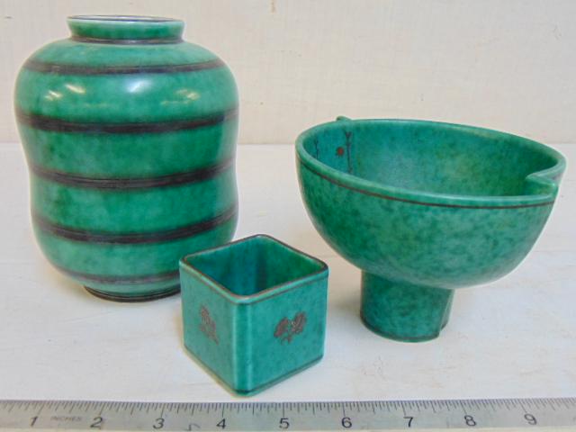 3 Gustavsberg art pottery pieces, green vase with black: 3 Gustavsberg art pottery pieces, green vase with black lines, "Argenta" bowl & small square "Argenta" bowl, Sweden.