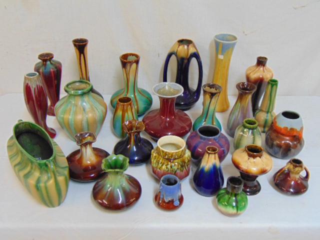 Collection Belgium art pottery vases, bowls, 26 pieces: Collection Belgium art pottery vases, bowls, 26 pieces are included in this lot, various vases of different style, color, all in good condition.