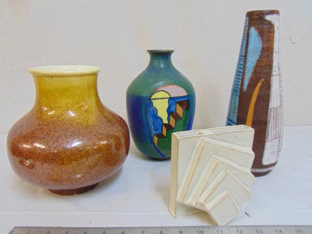 4 art pottery vases, Italian vase with brown & speckled: 4 art pottery vases, Italian vase with brown & speckled black glaze, blue art pottery vase with decorative glazed scenes, white square vase with geometric designs & large brown, blue & orange vase mar