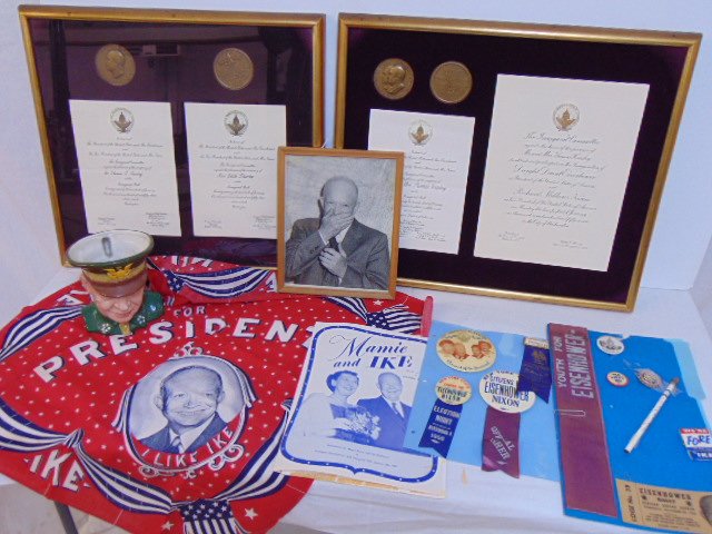 Presidential, Eisenhower & Nixon lot, 1957 election: Presidential, Eisenhower & Nixon lot, 1957 election, includes inauguration documents with medallions (two framed collages), Barrington figural mug of Eisenhower, #140; various Eisenhower campaign & el