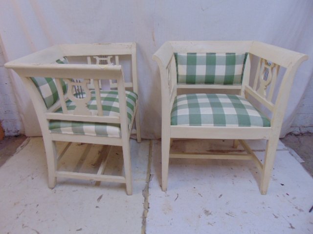 Pair Gustavian style arm chairs, painted white wood: Pair Gustavian style arm chairs, painted white wood frames with blocked pattern fabric in green, decorative lyre sides, seats upholstered by John Paul Schriever, each chair is 27.25" by 21.25", height