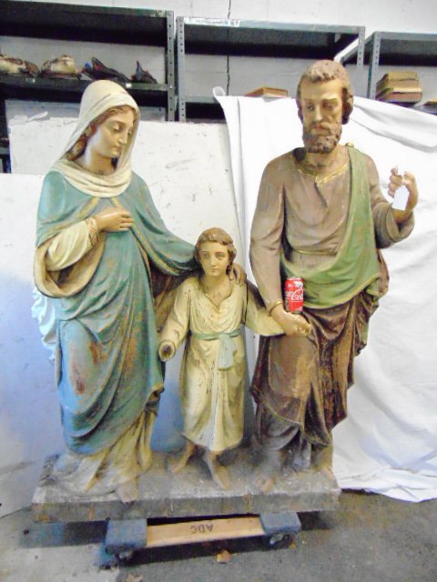 Life-size religious holy family group carving, painted: Life-size religious holy family group carving, painted wood & gesso, Mary, Josef & Child, sculpture is 49.75\" by 16\", height is 68.5\", some loss, finger Mary missing, right hand Jesus missing, Jose