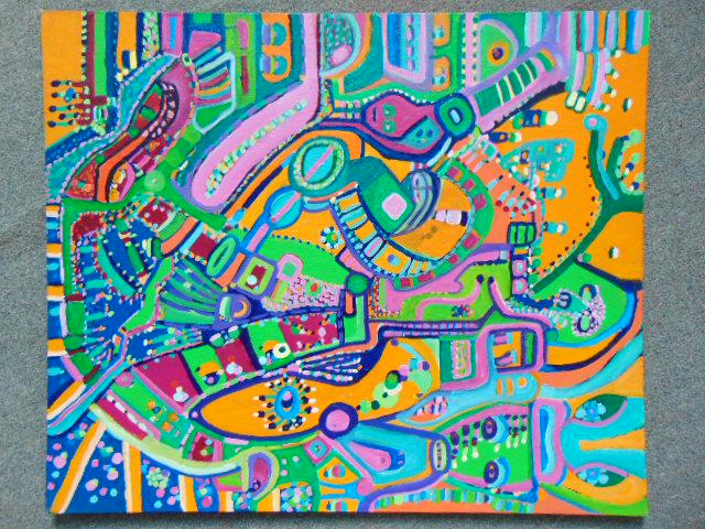 Painting, Louise Abrams, Outsider Art Collection,: Painting, Louise Abrams, Outsider Art Collection, acrylic on canvas board, 20" by 24", from the collection of the artist. This lot is part of a large collection of sculpture and paintings from a newly