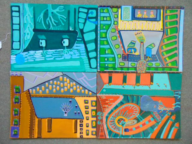 4 paintings, Louise Abrams, Outsider Art Collection,: 4 paintings, Louise Abrams, Outsider Art Collection, oil on canvas board, 14" by 18", from the collection of the artist. This lot is part of a large collection of sculpture and paintings from a newly 