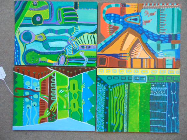 4 paintings, Louise Abrams, Outsider Art Collection,: 4 paintings, Louise Abrams, Outsider Art Collection, oil on canvas board, 14" by 18", from the collection of the artist. This lot is part of a large collection of sculpture and paintings from a newly 