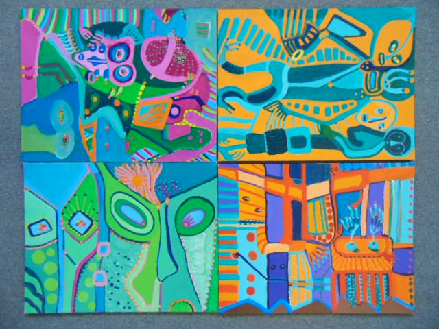 4 paintings, Louise Abrams, Outsider Art Collection,: 4 paintings, Louise Abrams, Outsider Art Collection, oil on canvas board, 14" by 18", from the collection of the artist. This lot is part of a large collection of sculpture and paintings from a newly 